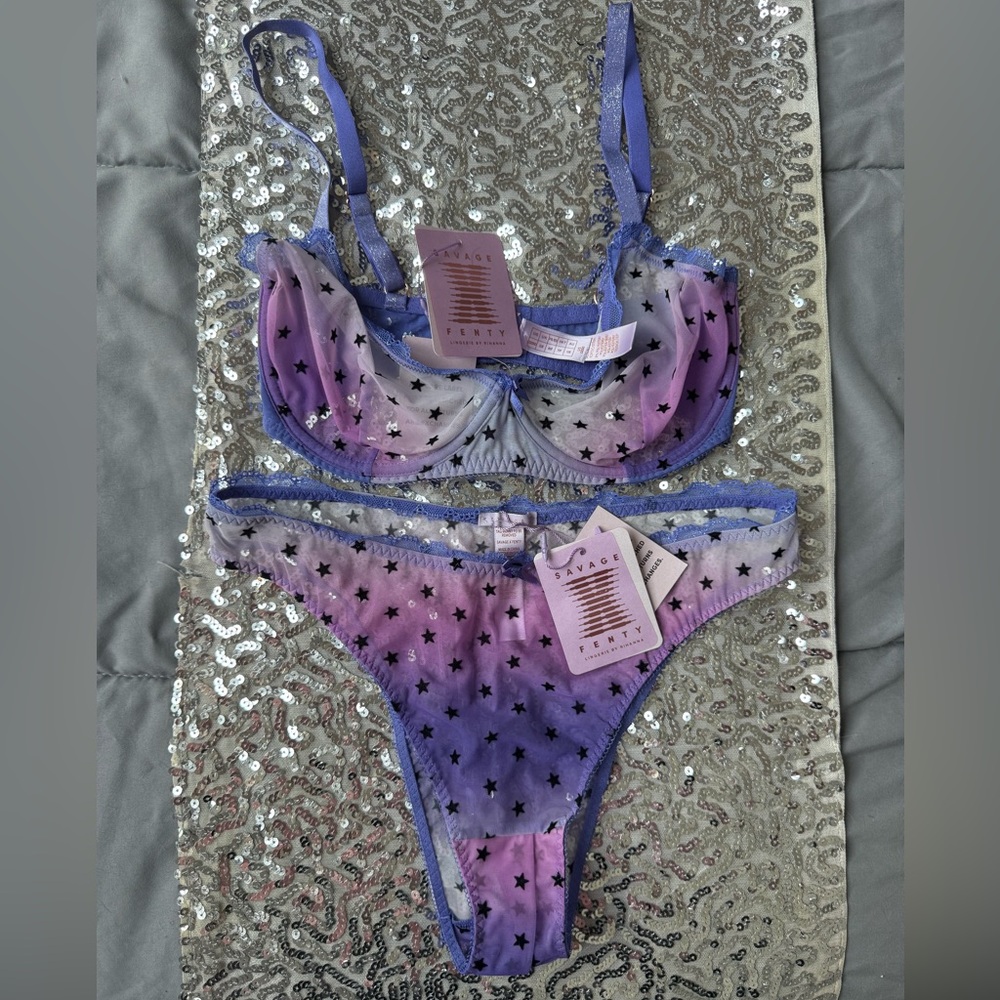 Savage X Fenty Purple Ombre Star Mesh Bra & Thong Set